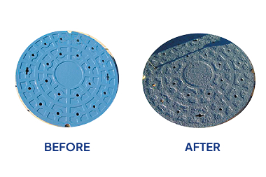 マンホールへノンスキッドコーティングを施工し、滑りを軽減した施工完成後のマンホール